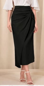 Women’s Elegant Black Wrap Midi Skirt – Ruched Side Detail – High Waist Slim Fit Skirt