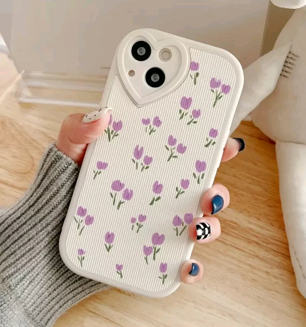 Soft White Floral Phone Case with Heart-Shaped Camera Cutout – Violet Flower Pri