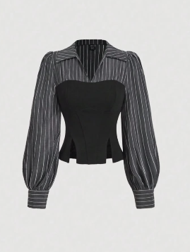 Women’s Black Pinstripe Puff Sleeve Corset Top
