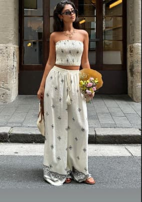 SHEIN Women’s Cream Boho Crop Top & Wide Leg Pants Set – 2 Piece Summer Outfit, SHEIN Fast Delivery in 5 Days