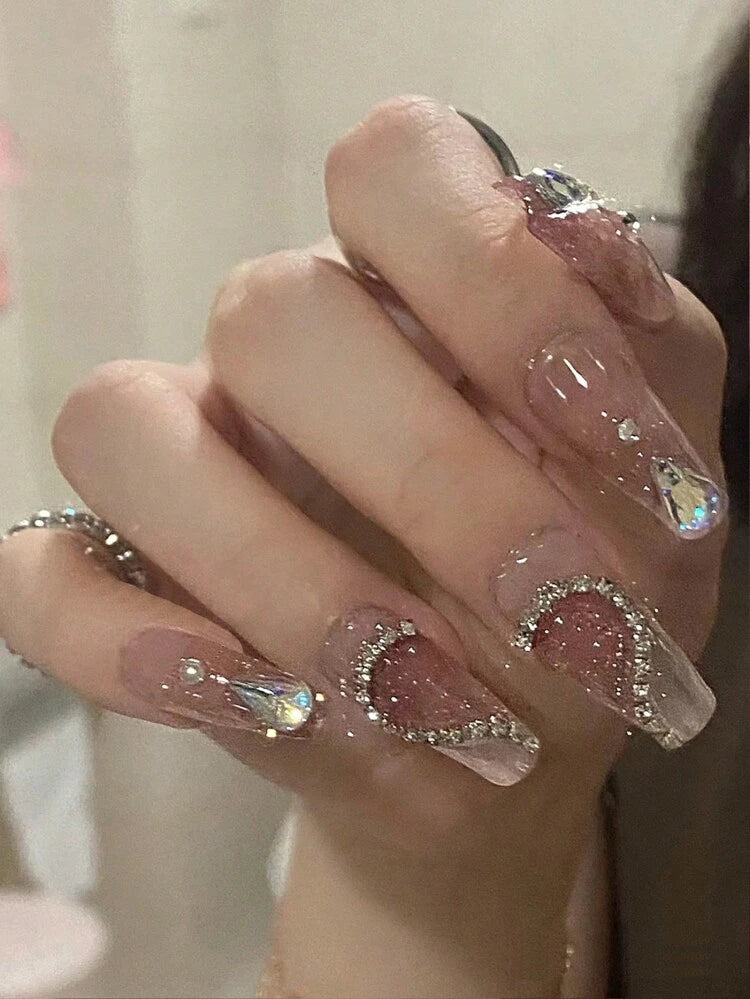 30PCS Pink Crystal Heart Press On Nails – Medium Square