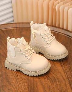 Kids Beige Lace-Up Ankle Boots with Side Zipper – Size 29 – Soft Sole Toddler Winter Boots
