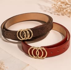Women’s 2 Piece Belt Set – Brown & Red Waist Belts with Gold Ring Buckle – Stylish Everyday Fashion Belts